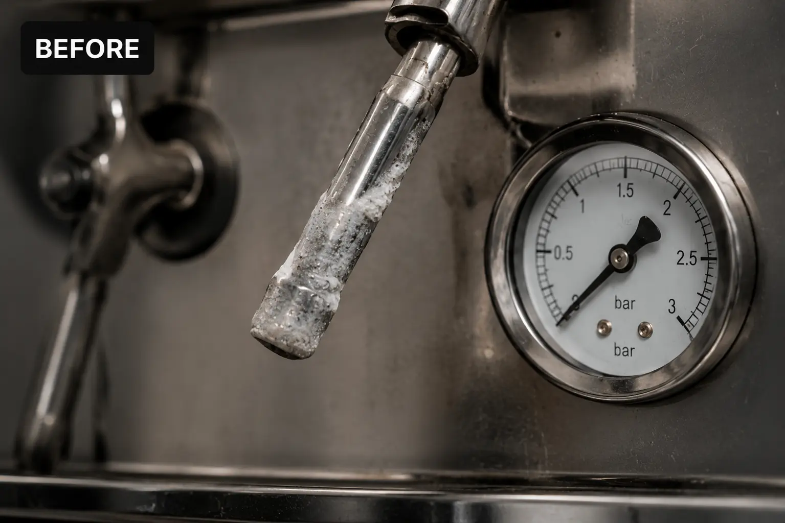 Before repair — scale buildup, no steam